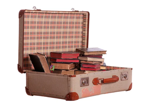 Old suitcase stuffed with old books — Stock Photo, Image