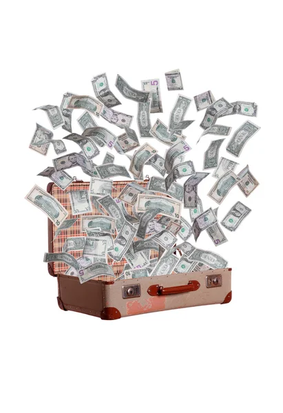 Dollars flying out of old suitcase — Stock Photo, Image