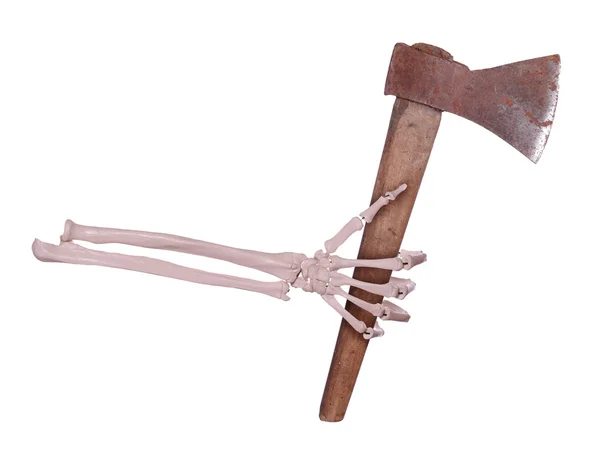 Skeleton hand with rusty axe — Stock Photo, Image