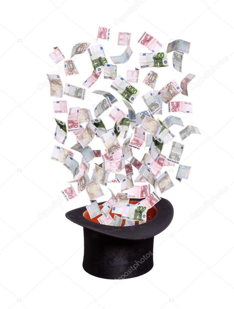 European banknotes flying out of old top hat