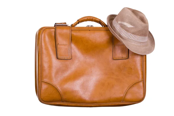 Brown suitcase with hat — Stock Photo, Image