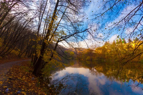 Vista sul paesaggio autunnale di fiume e alberi nella giornata di sole — Foto Stock