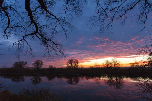 Sonnenaufgang über dem See mit Reflexion kahler Bäume im Wasser. — Stockfoto