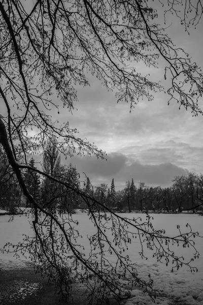 Paisagem de inverno, amanhecer sobre o rio — Fotografia de Stock