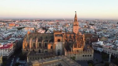 Sevilla Katedrali. İspanya 'nın güzel şehri Seville' in insansız hava aracı çekimi, UHD, 4K
