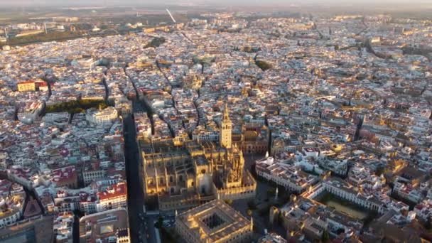 Catedral de Sevilla. Drone de la hermosa ciudad española de Sevilla al amanecer, UHD, 4K — Vídeo de stock