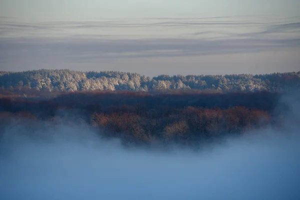 Northern Frosty Landscape Fog Rises Surface Unfrozen River — Stock Photo, Image
