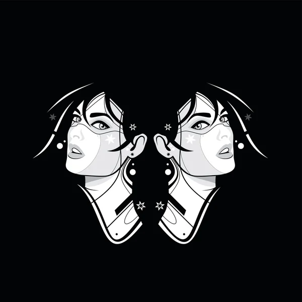 Two girl face on the black — Stock Vector