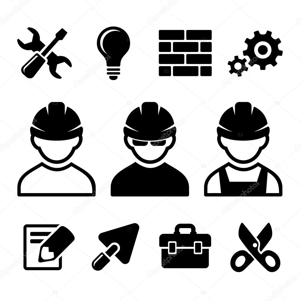 Industrial worker and tools icons set. Vector illustration.