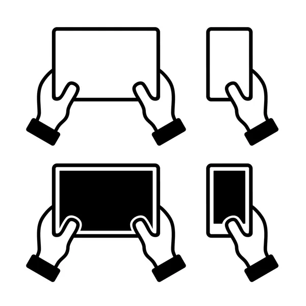 Conjunto de iconos de manos que sostienen el teléfono inteligente y la tableta — Vector de stock