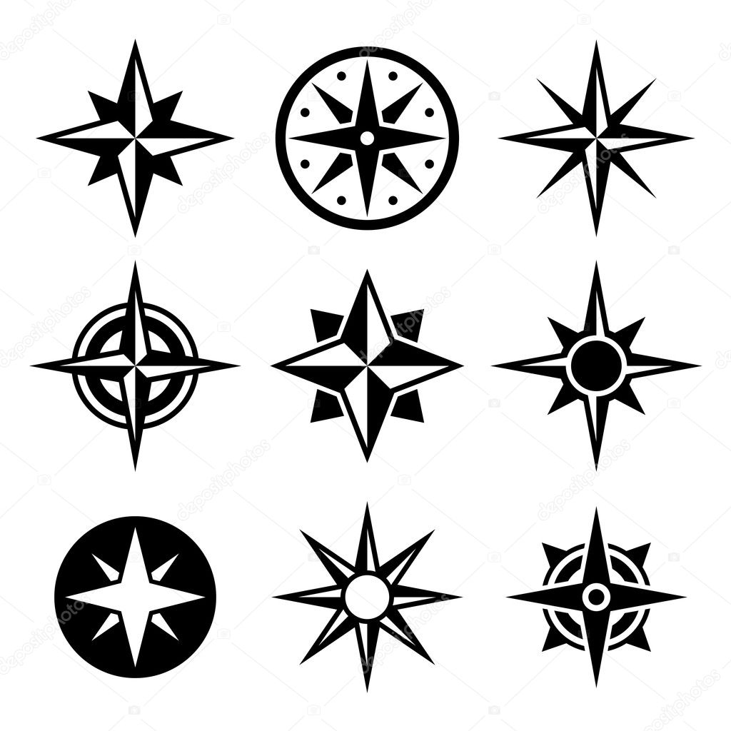 Compass and wind rose icons set.
