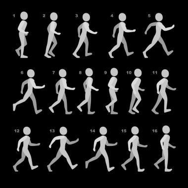 Phases of Step Movements Man in Walking Sequence for Game Animation on black