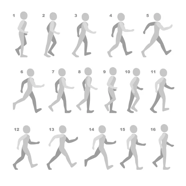 白色衬底上行走的游戏动画序列的一步运动人的阶段 — 图库矢量图片
