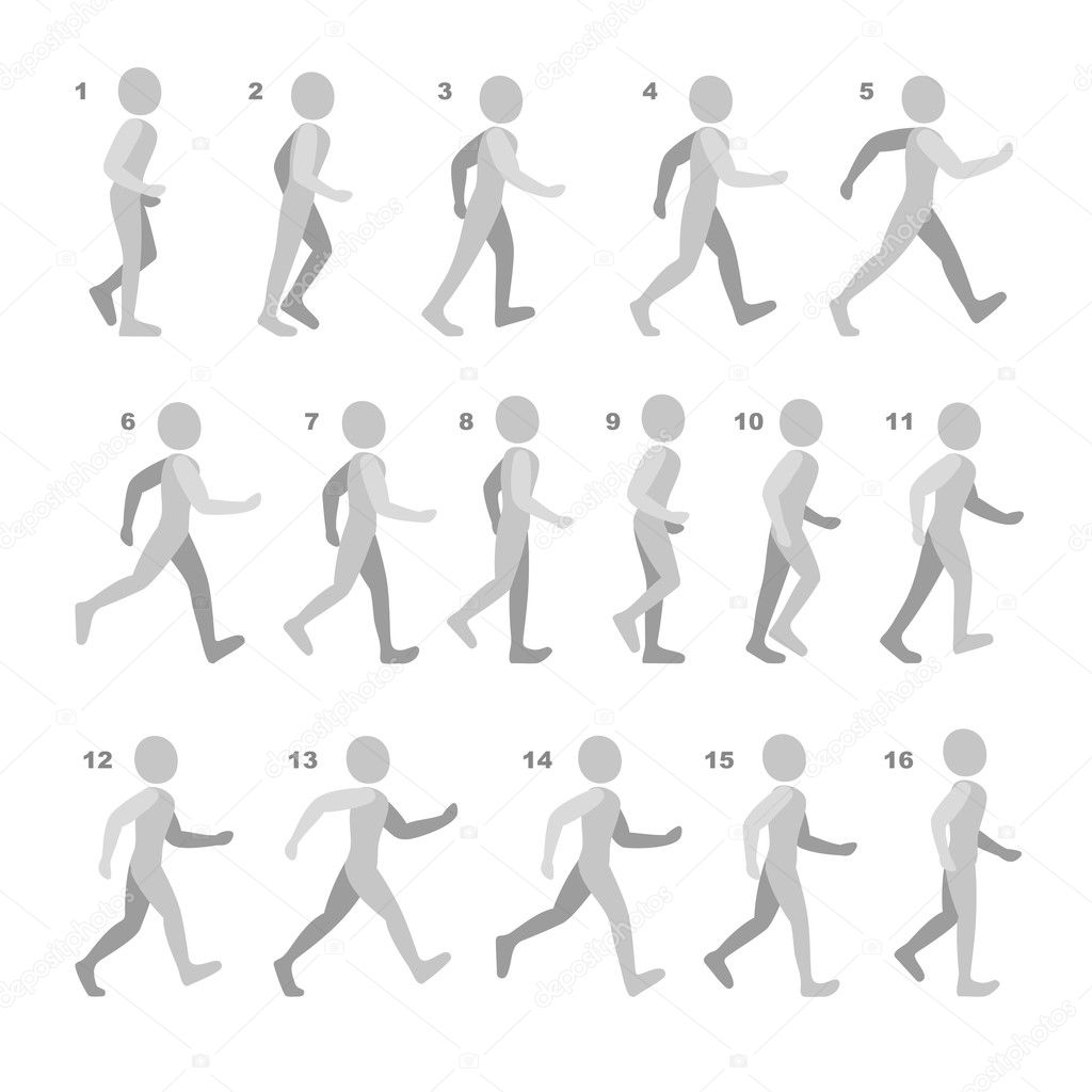 Phases of Step Movements Man in Walking Sequence for Game Animation on white