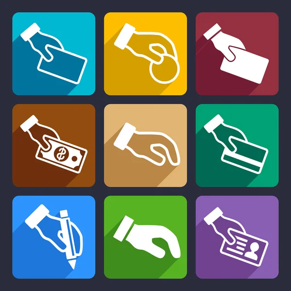 Mano con diferentes objetos Set de iconos planos 42 — Vector de stock