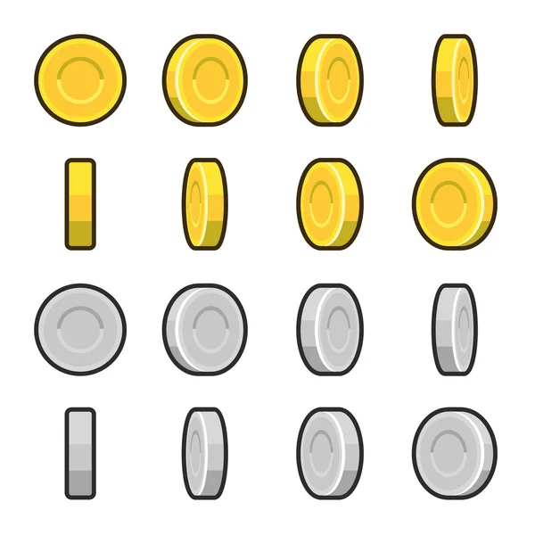 Monedas de oro y plata con diferentes ángulos de rotación . — Vector de stock