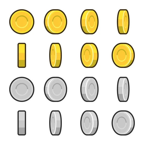 Altın ve gümüş sikkeler farklı döndürme açıları ile. — Stok Vektör