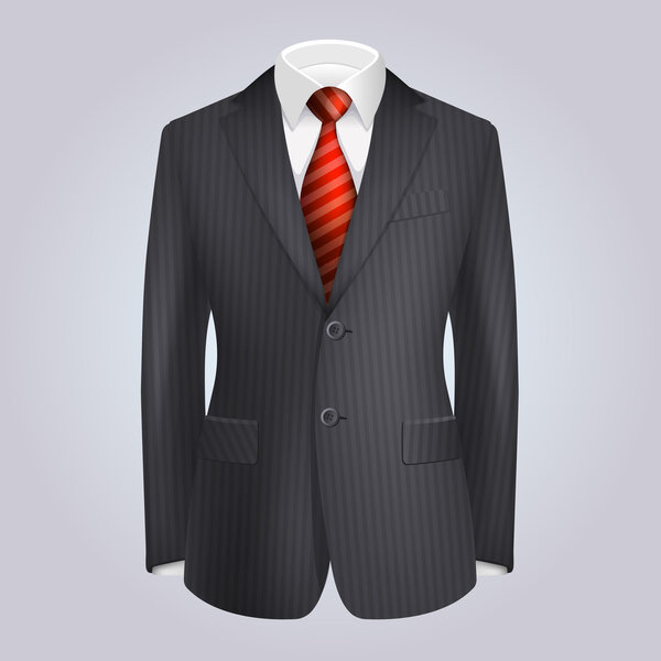 Male Clothing Dark Striped Suit with Red Tie. Vector