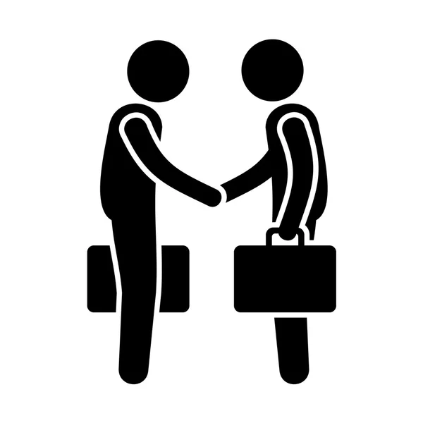 Negocios Mans Handshake. Saludos Gesto Stick Figura Pictograma Icono. Vector — Vector de stock