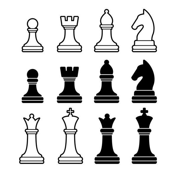 Chess Pieces Including King Queen Rook Pawn Knight and Bishop. Vector Icons Set