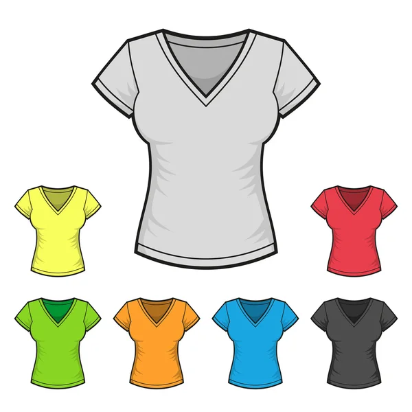 Camiseta de cuello en V para mujer Diseño Plantilla Color Set. Vector — Archivo Imágenes Vectoriales