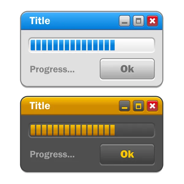 Equipo de color Windows Set con barra de progreso de carga y botón Ok. Vector — Vector de stock