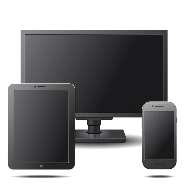 Ensemble d'appareils électroniques avec écrans noirs vierges Ordinateur de bureau, tablette et téléphone mobile. Vecteur — Image vectorielle
