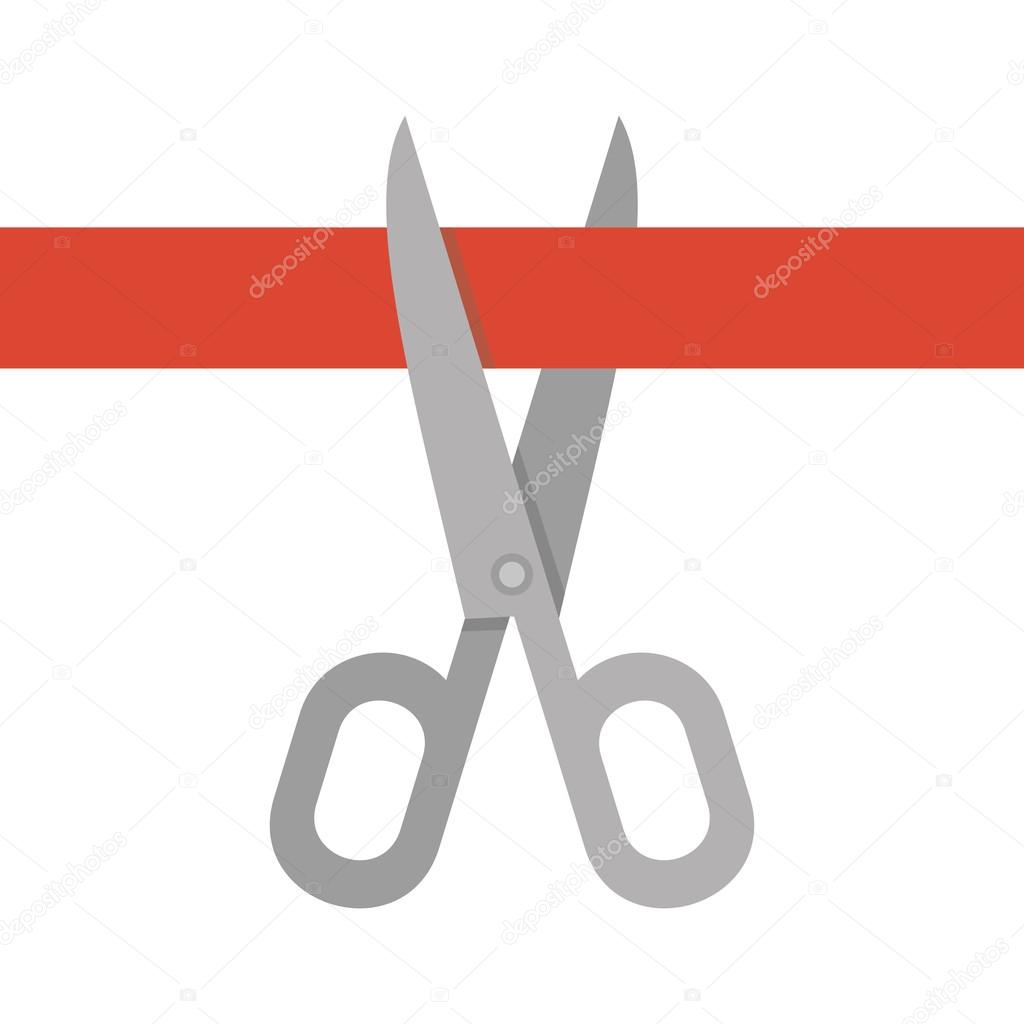 Scissors and Cutting Red Ribbon Concept in Flat Retro Style. Vector
