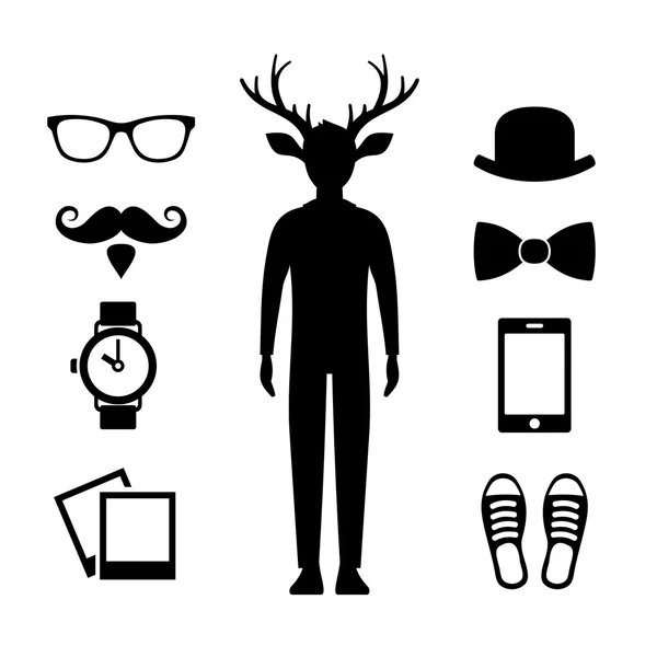 Hipster iconos conjunto con hombre ciervo silueta. Vector — Vector de stock