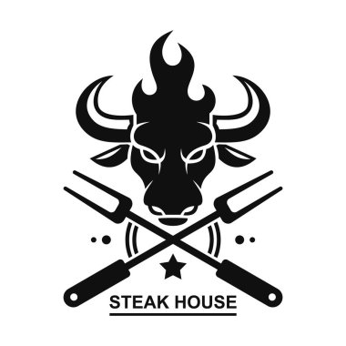 Bull Head ile Biftek Evi Logosu. Vektör