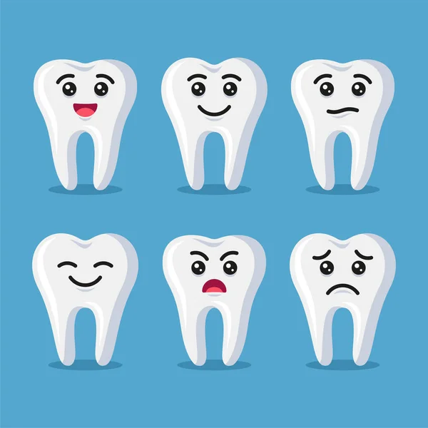 Tooth Emoji Set Rajzfilm stílus kék háttér. Vektor — Stock Vector