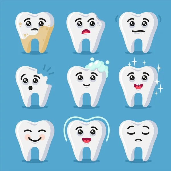 Tooth Emoji Set Rajzfilm stílus kék háttér. Vektor — Stock Vector