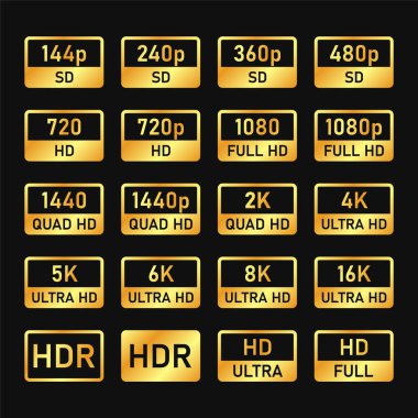 Video ve TV Boyut Çözünürlüğü Simgeleri. Ultra Hd Etiketleri. Vektör