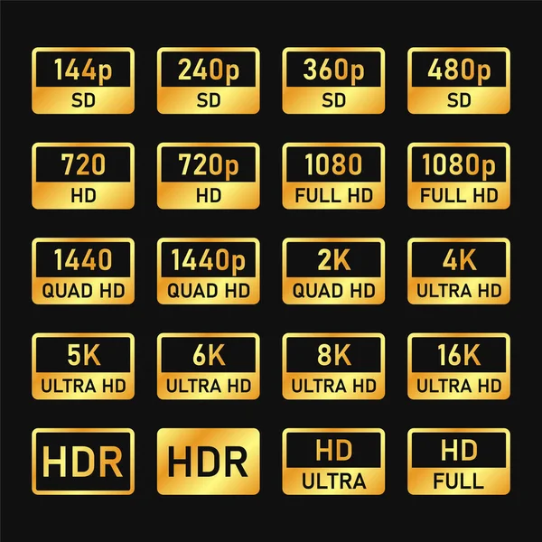 Video- en tv-formaat resolutie Pictogrammen. Ultra Hd etiketten. Vector — Stockvector