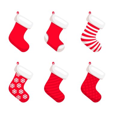 Beyaz Arkaplanda Yılbaşı Çorapları. Xmas Dekorasyonu. Vektör