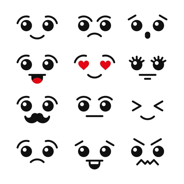 Conjunto de iconos de cara de emoción Kawaii lindo. Vector — Vector de stock
