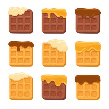 Çikolata, bal ve süt karışımı Belçika Waffle Seti. Vektör