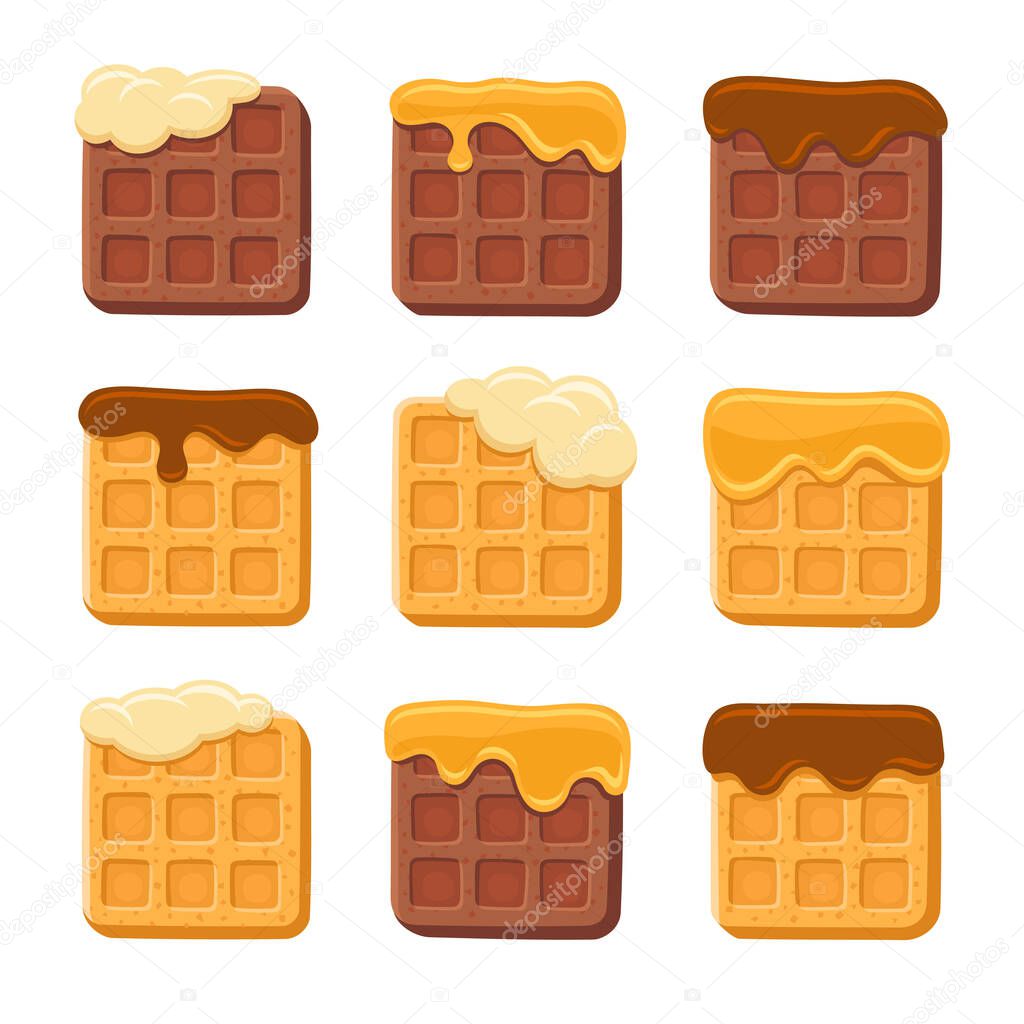 Belgium Waffles Icon Set with Chocolate, Honey and Milk Topping. Vector illustration