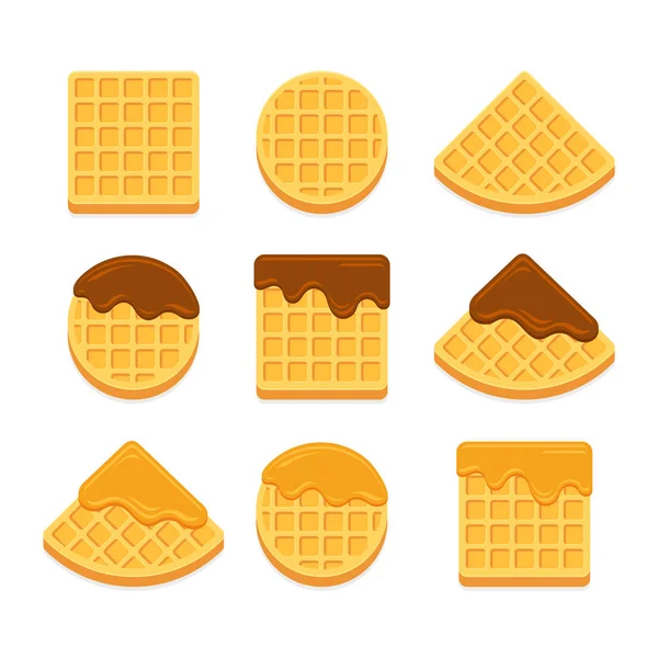 Bélgica Waffles conjunto de ícones com cobertura de chocolate. Vetor — Vetor de Stock
