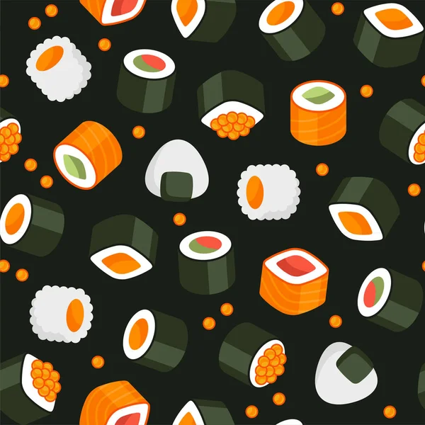 Motif Sushi Roll sans couture sur fond noir. Vecteur — Image vectorielle