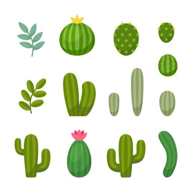 Kaktüs Simgesi Seti. Beyaz Arkaplanda Çizgi Film Tarzı. Vektör