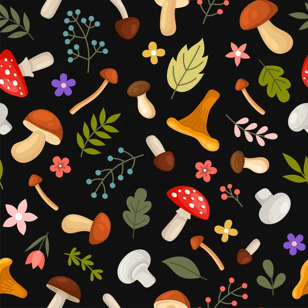 Mushrooms and Leafs Seamless Pattern on Black Background. Vector — Stock Vector