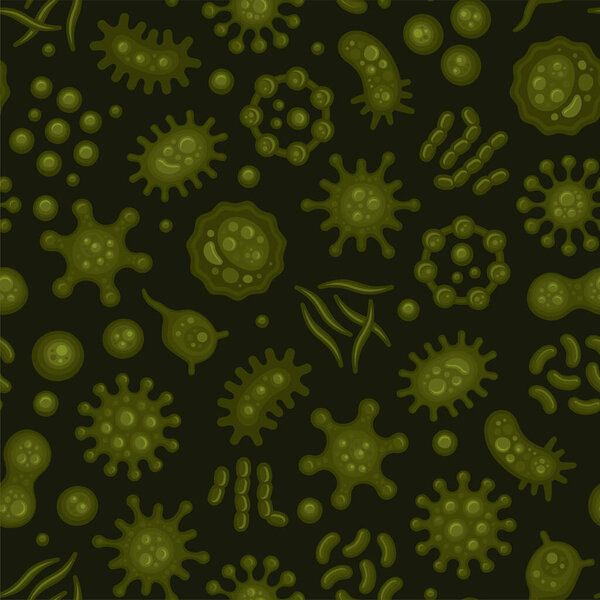 Microbe and Virus under Microscope Seamless Pattern. Vector