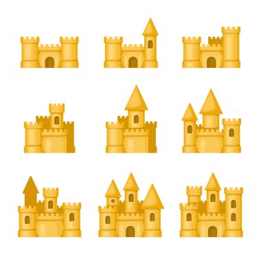 Sandcastle Set. Kum Kulesi ve Beyaz Arkaplan 'daki Şato Simgeleri. Vektör illüstrasyonu