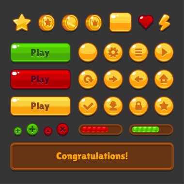 Oyun UI Kit Simgeleri Karanlık Arkaplanda Ayarlandı. Vektör illüstrasyonu