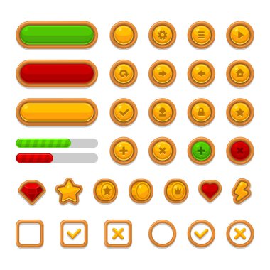 Oyun UI Kit Simgeleri Karanlık Arkaplanda Ayarlandı. Vektör illüstrasyonu
