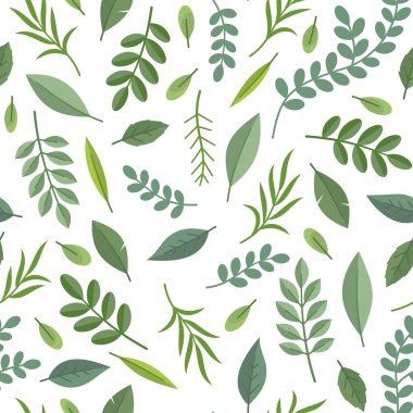 Beyaz Arkaplanda Yeşil Yapraklı Kusursuz Desen. Vektör illüstrasyonu
