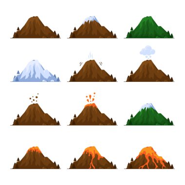 Mountain with Volcano Icons Set. Cartoon Style Vector illustration