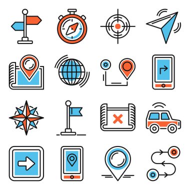 Harita ve Gezinme Simgeleri Beyaz Arka Plan'da ayarlanır. Vektör çizimi