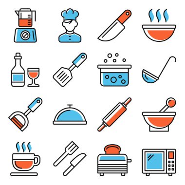 Simgeler yemek beyaz arka plan üzerinde ayarlayın. Vektör çizim